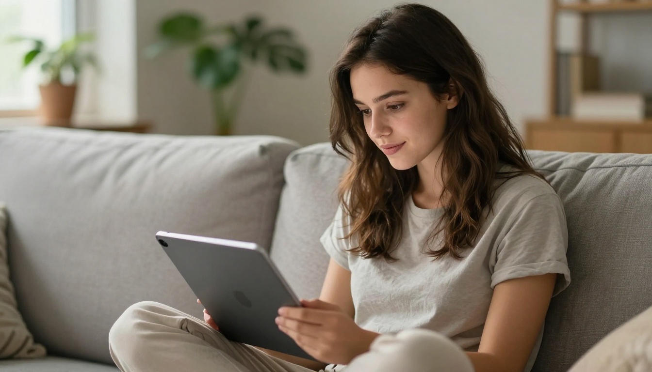 Woman sitting on couch using tablet with AI companion app Woman sitting on couch using tablet with AI companion app