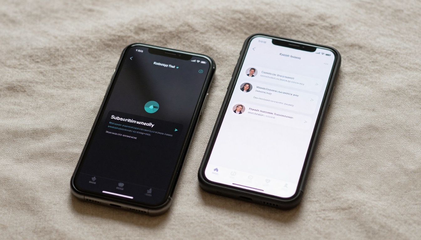 Two phones side by side showing free versus paywall interfaces Two phones side by side showing free versus paywall interfaces