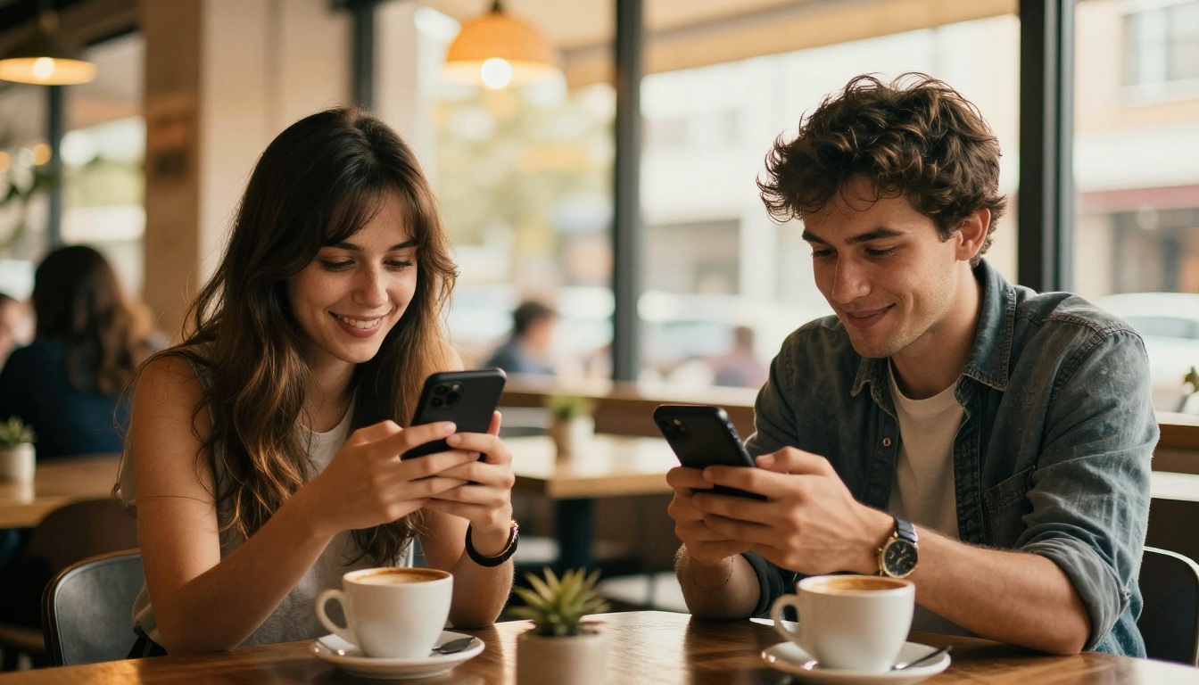 Man and woman at cafe enjoying AI apps on their phones Man and woman at cafe enjoying AI apps on their phones