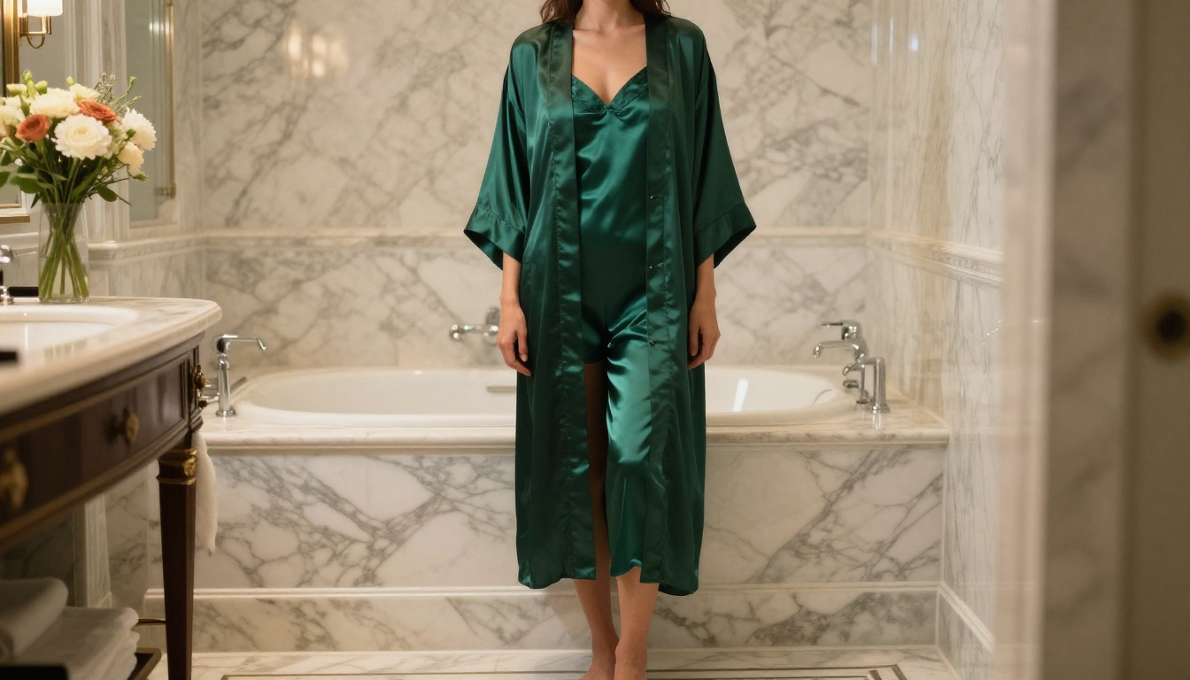 Woman in forest green silk robe in luxury hotel bathroom with soft steam haze