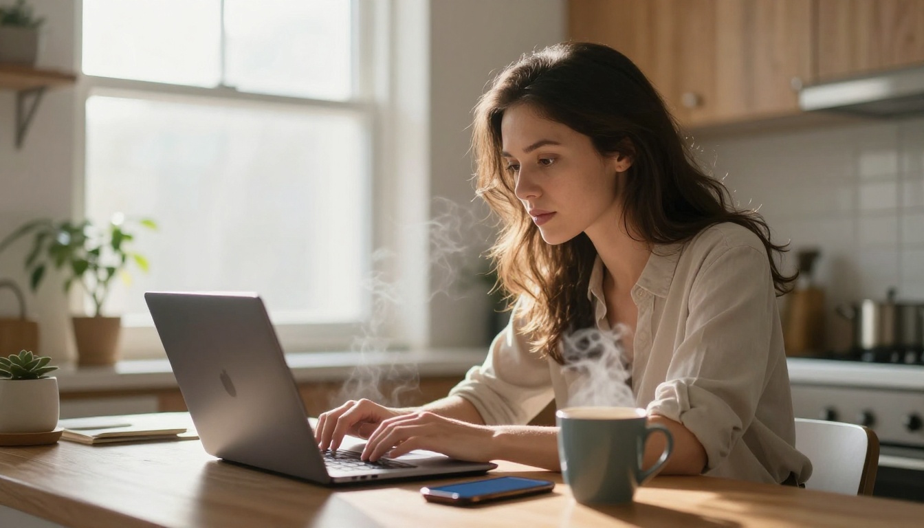 Woman in kitchen with laptop and coffee using AI tools in morning light Woman in kitchen with laptop and coffee using AI tools in morning light