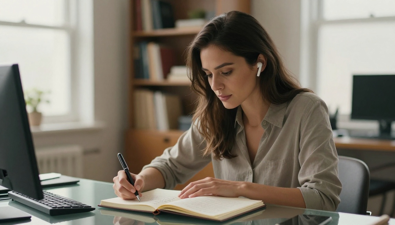 Woman taking notes from AI companion audio