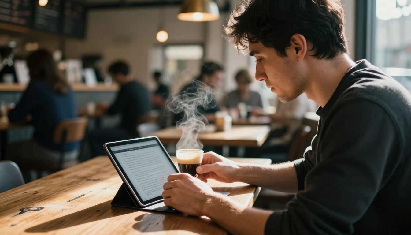 Man transcribing AI companion audio at cafe