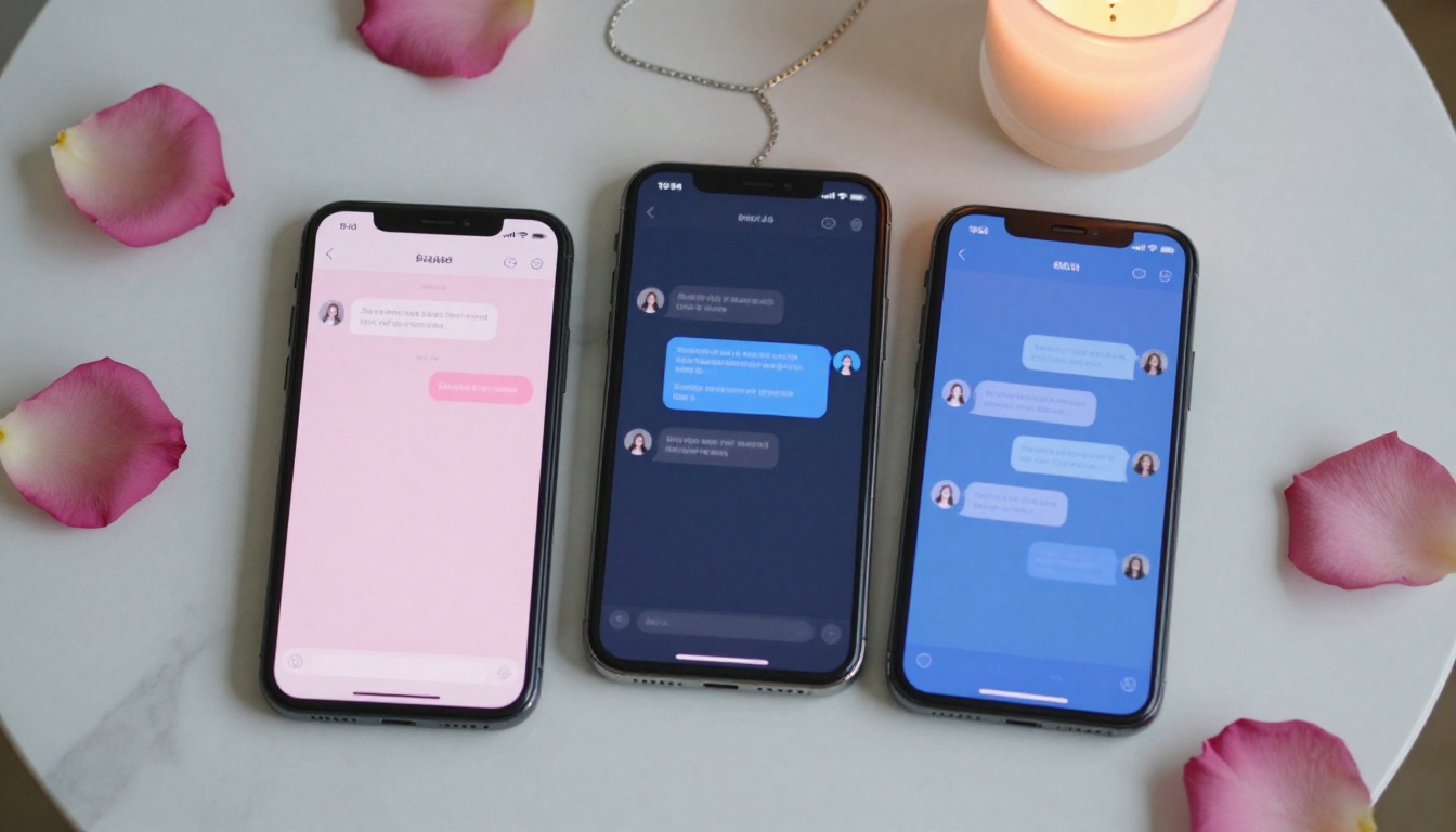Two smartphones showing AI companion interfaces on marble surface with rose petals