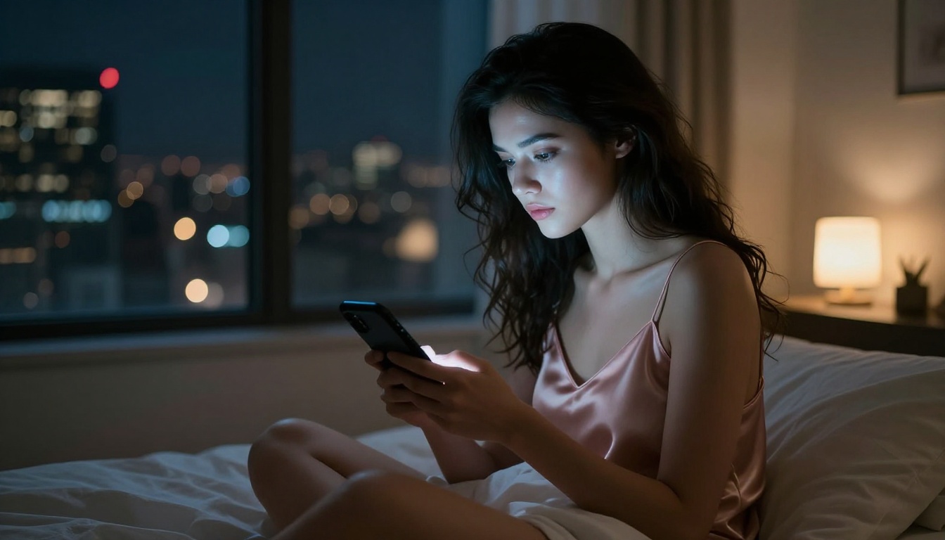 Beautiful woman typing on smartphone at night in bedroom with city lights bokeh behind her