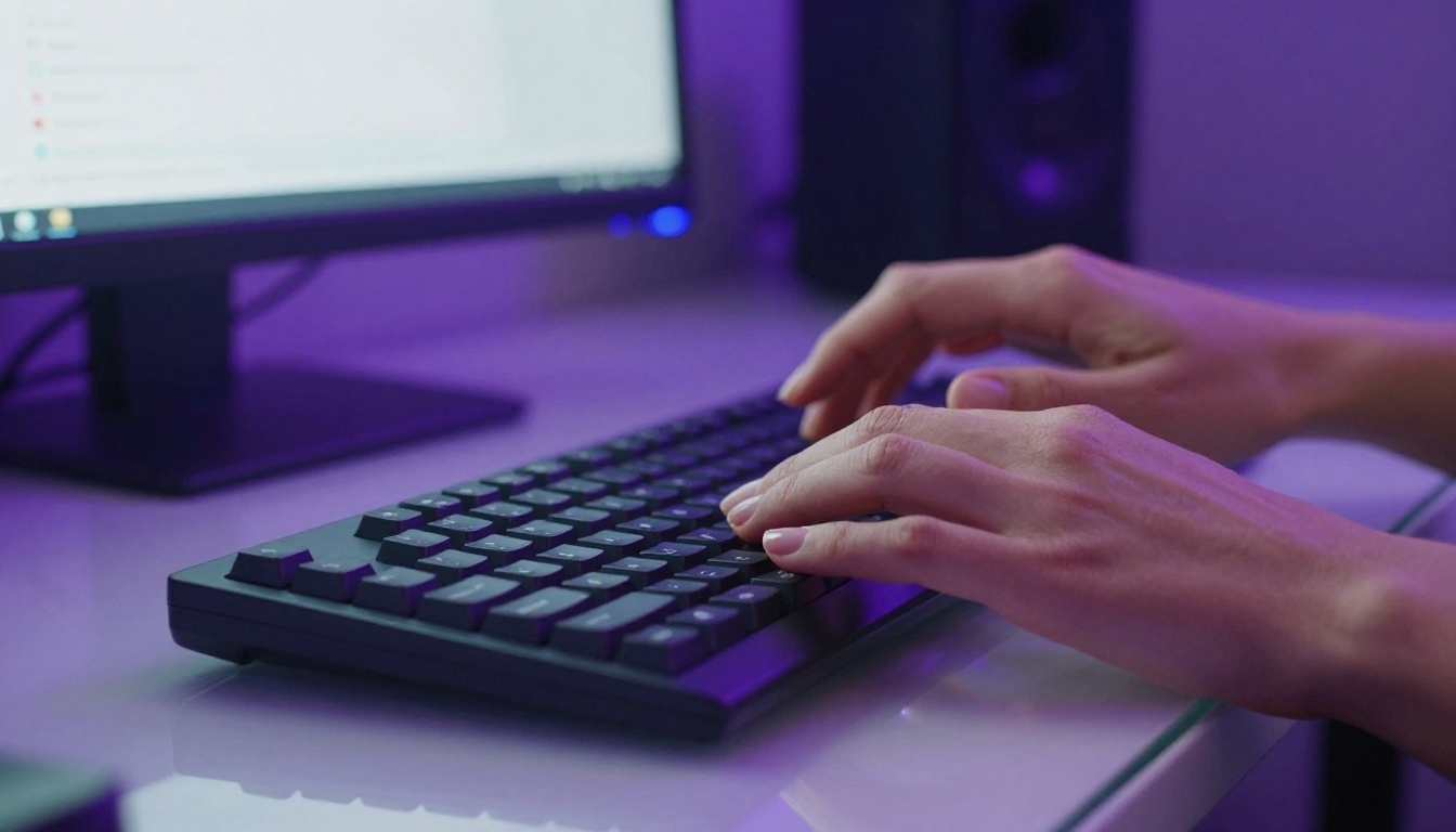 Close-up of elegant female hands typing on dark mechanical keyboard with purple ambient desk lighting