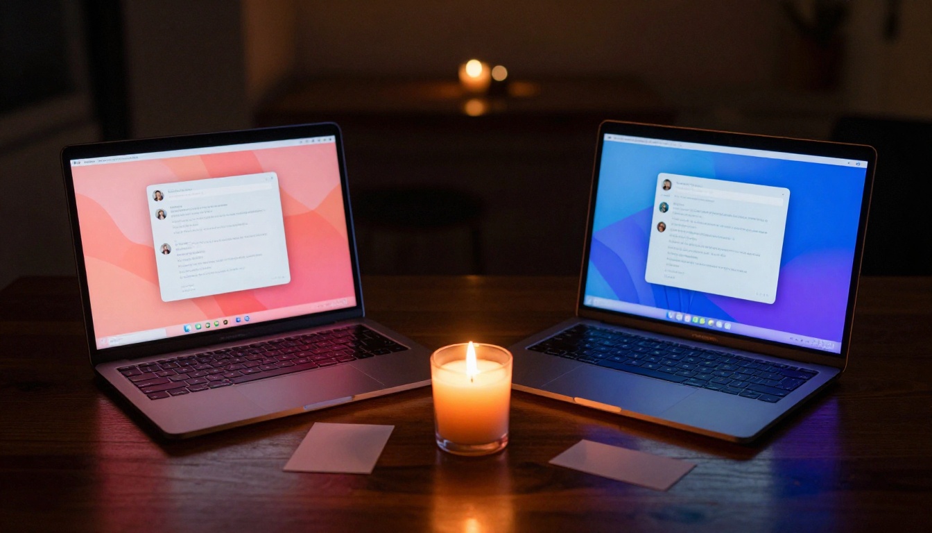 Two glowing laptop screens side by side on dark desk showing different AI chat interfaces with candlelight between them