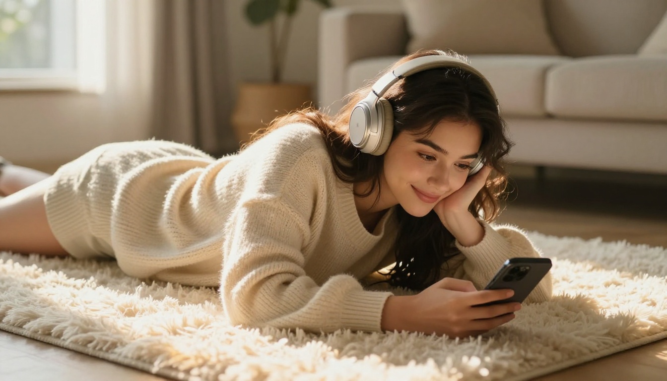 Beautiful young woman lying on white fluffy rug with headphones, scrolling phone in warm sunlit living room
