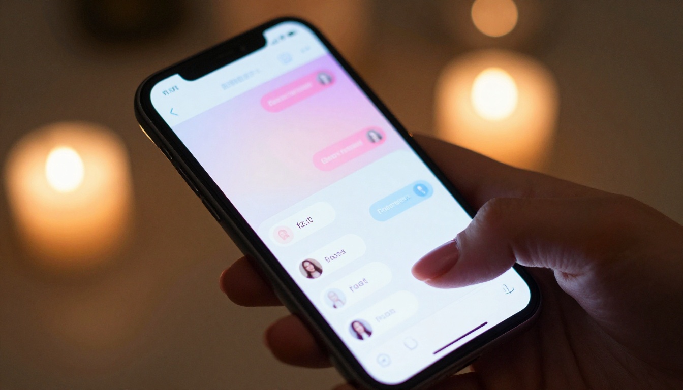 Elegant hand holding smartphone showing colorful AI chat interface with warm candle bokeh background