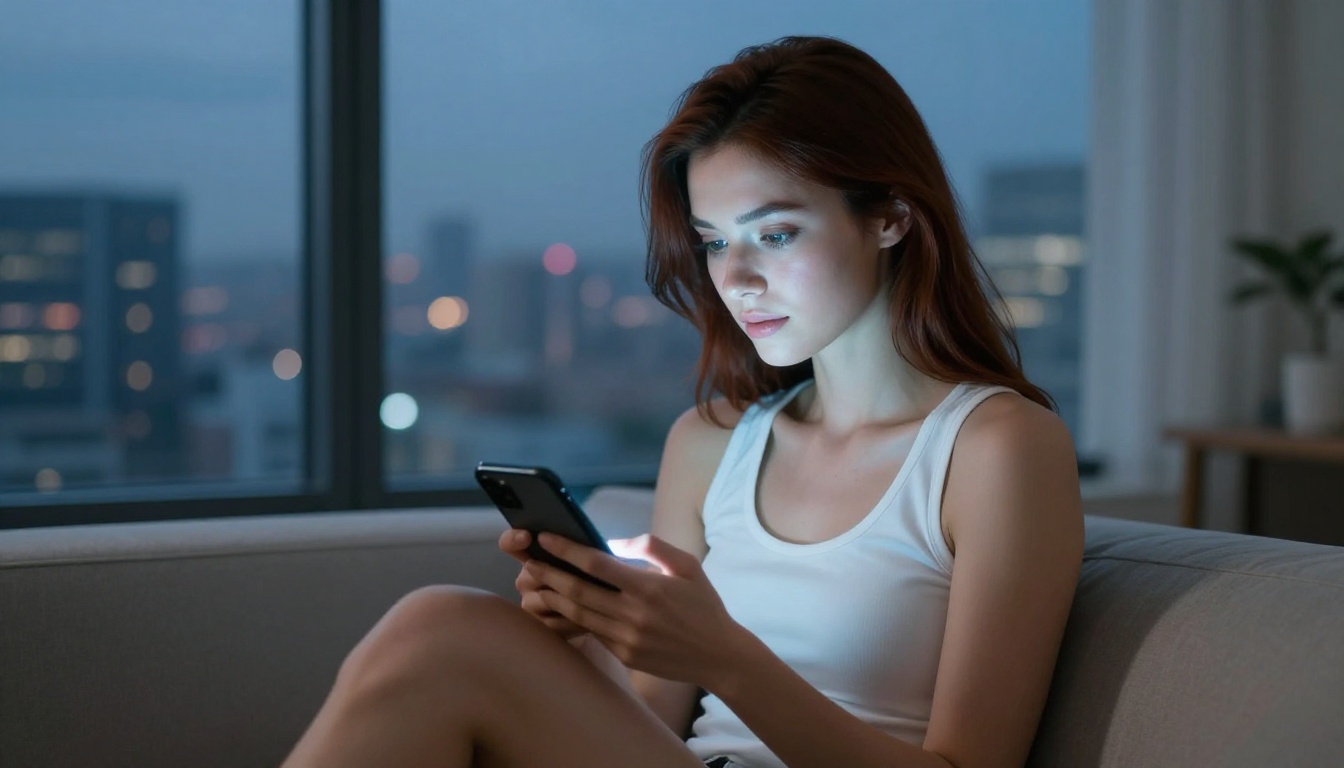 Woman using smartphone in a private apartment setting