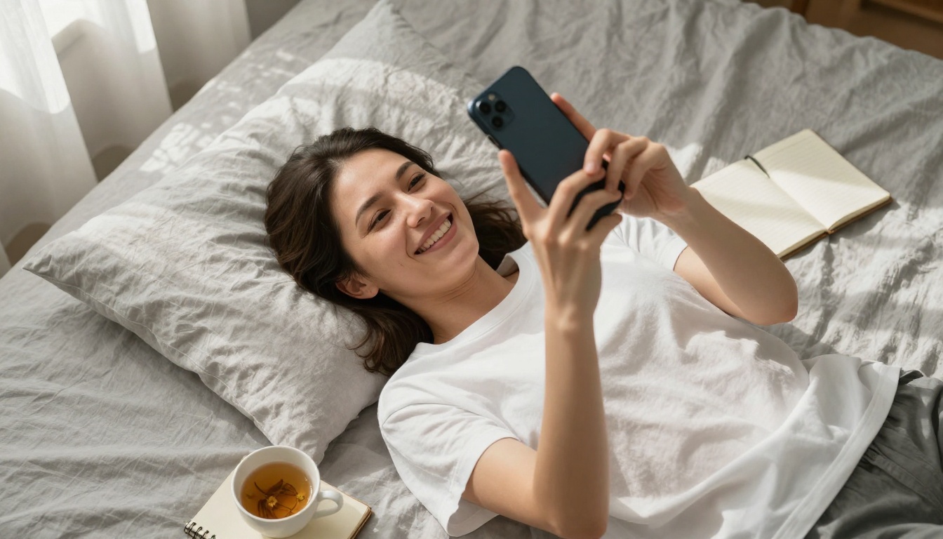 Woman lying on a bed looking up at her phone, laughing softly in warm morning light
