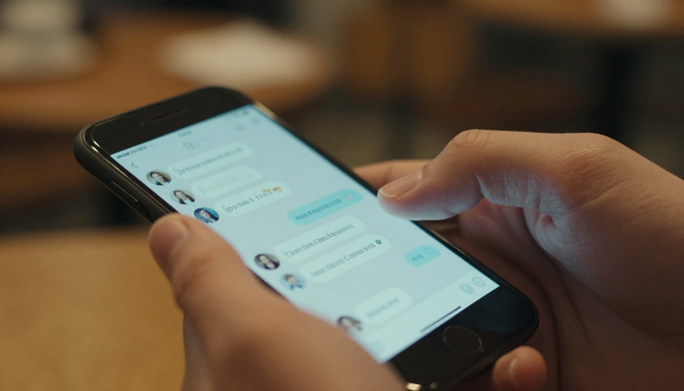 Close-up of a man's hands typing on a smartphone in a warm coffee shop setting