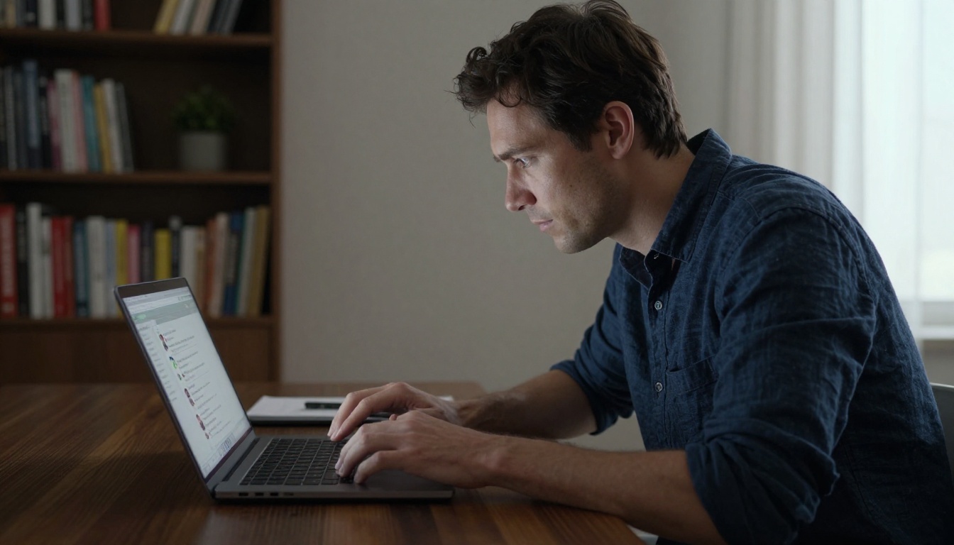 Man working at a home office desk, leaning toward a laptop screen showing a chat interface