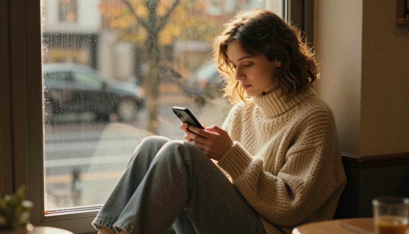 Woman sitting in a window nook, looking thoughtfully at her phone in warm autumn afternoon light