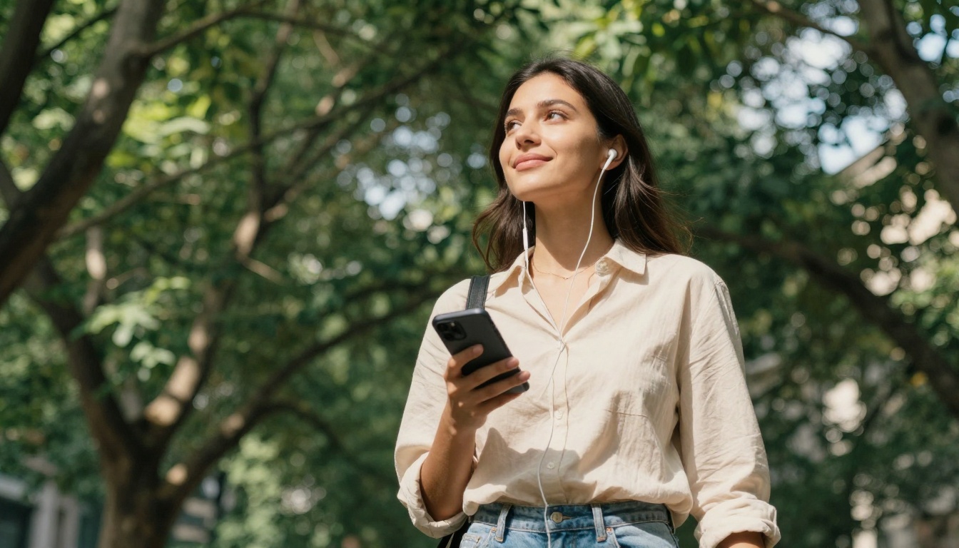 Young woman walking through a sunlit park with earbuds, smiling at her phone in midday light