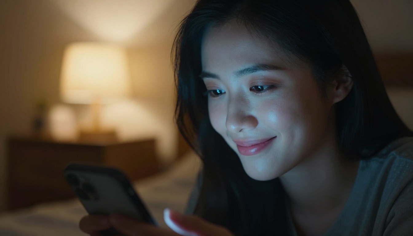 Woman's face lit by the blue-white glow of a phone screen in a dimly lit bedroom, soft gentle expression