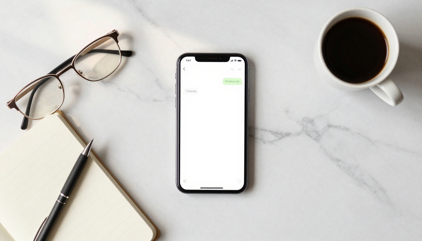 Minimalist flat lay of a marble desk with smartphone, notebook, coffee cup, and glasses in soft morning light