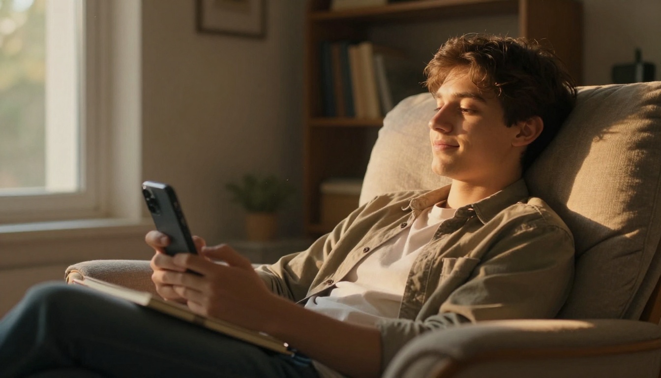 Young man reclining in a modern armchair by a window, relaxed, looking at his phone in golden afternoon light