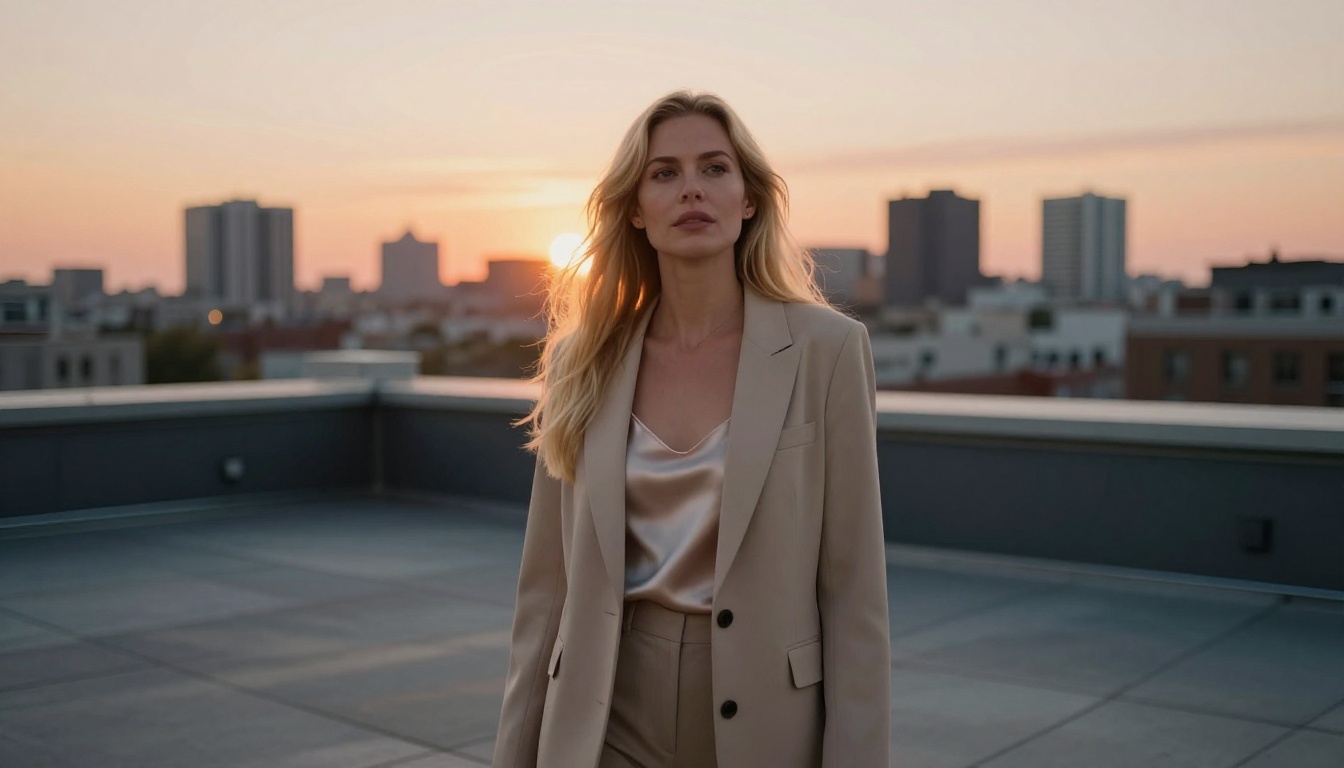 Confident blonde woman on rooftop terrace at golden hour, city skyline behind her, low-angle photorealistic shot