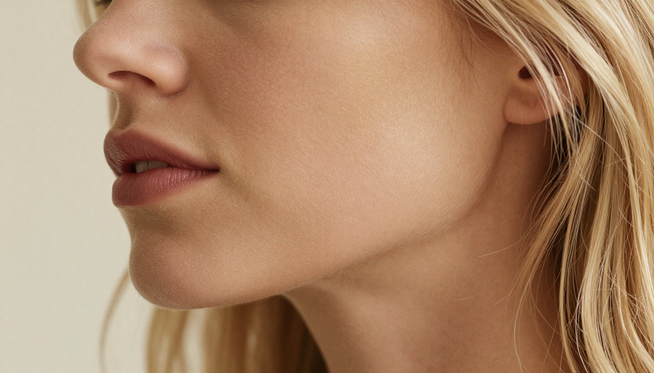 Close-up profile shot of blonde woman's face, platinum hair, macro lens detail, Kodak Portra 400 film grain