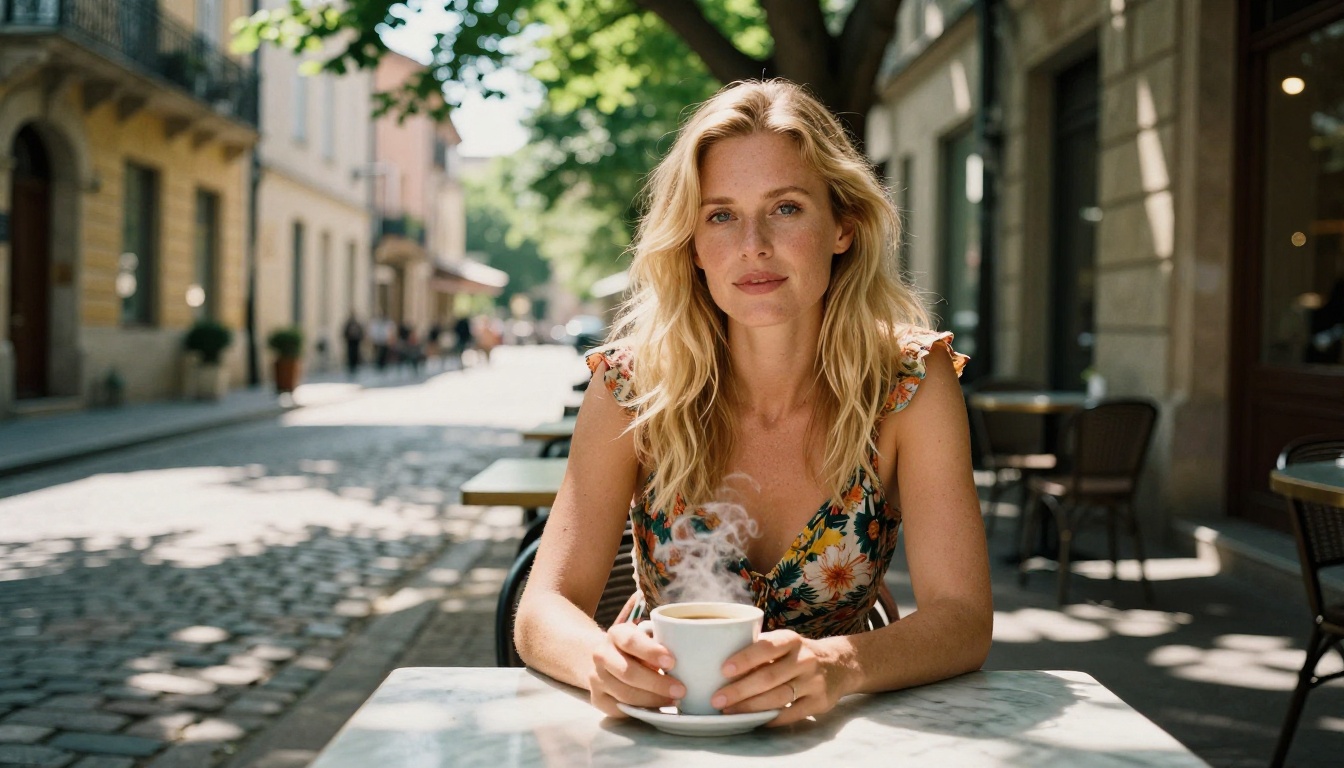 Blonde woman at European outdoor cafe, cobblestone street, dappled afternoon sunlight, wide photorealistic portrait
