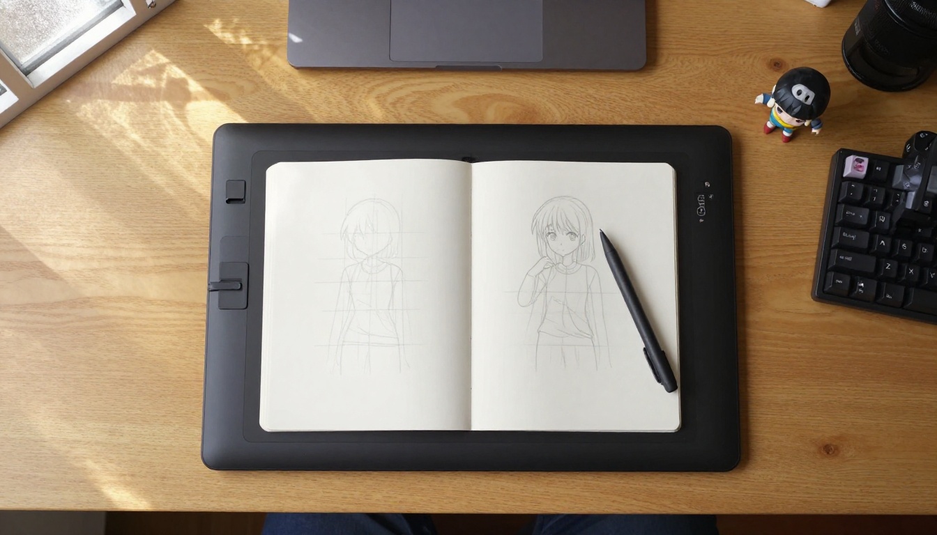 Creative workspace aerial view showing drawing tablet, sketchbook with character proportion sketches, and mechanical keyboard