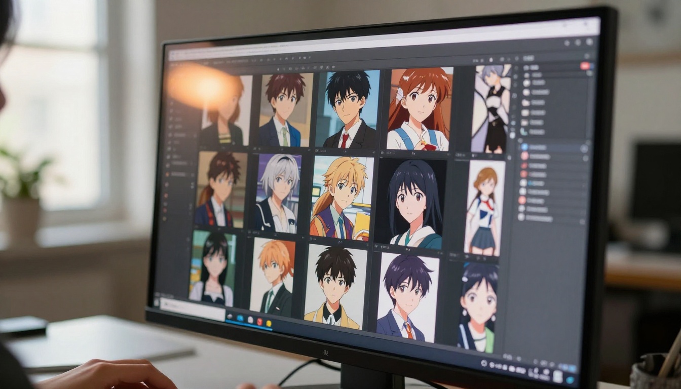 Computer monitor displaying a browser grid of AI-generated anime character reference images, hands visible at bottom of frame