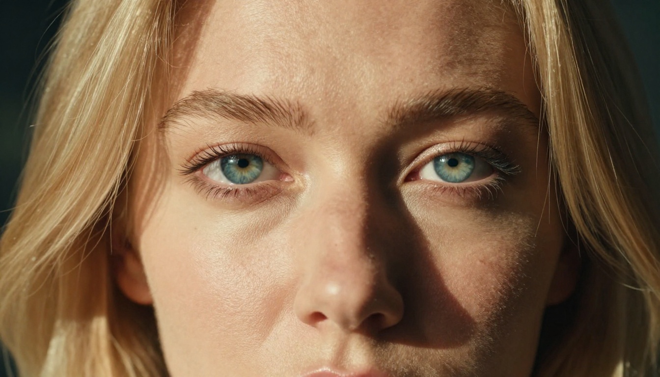 Dramatic close-up of blonde woman, intense blue-green eyes, side lighting, shallow depth of field, 85mm lens