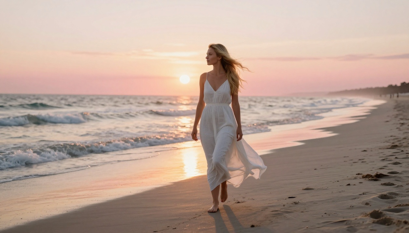 Blonde woman walking on beach at sunrise, flowing white dress, golden light, photorealistic full-body portrait