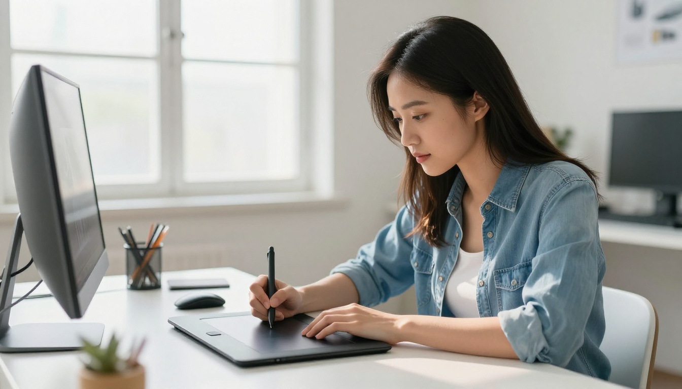 Young woman drawing on professional drawing tablet with natural window light, focused and relaxed