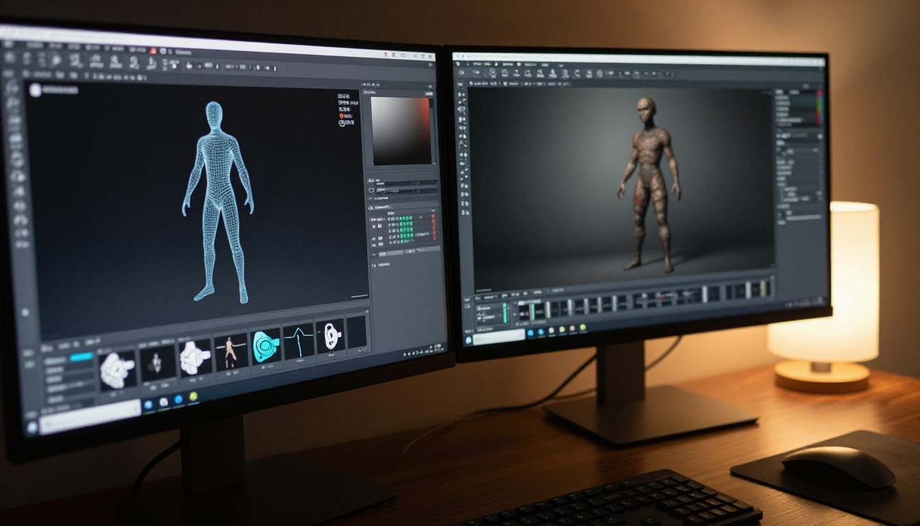 Dual monitor setup showing 3D character modeling software interface with wireframe view and textured render side by side