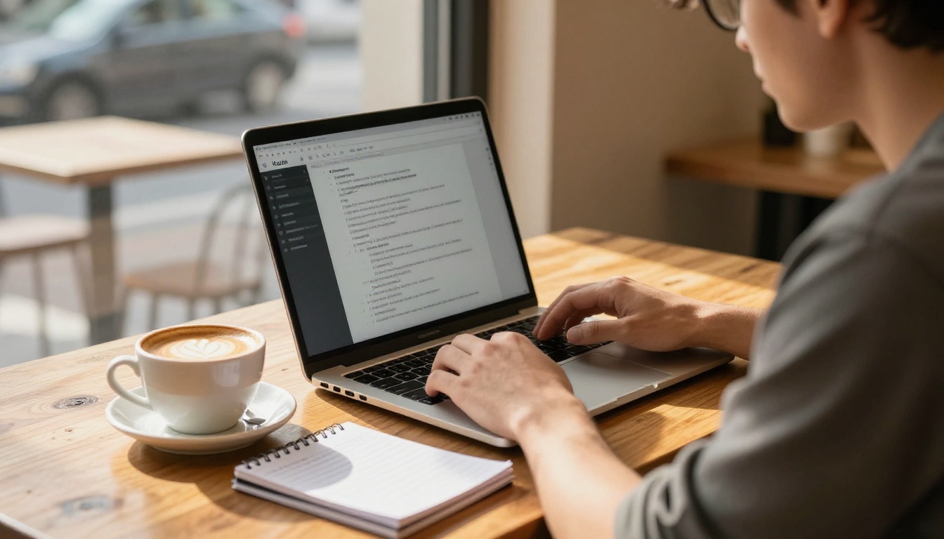 Young man typing a long prompt into an AI image generation interface at a coffee shop table, notebook beside laptop
