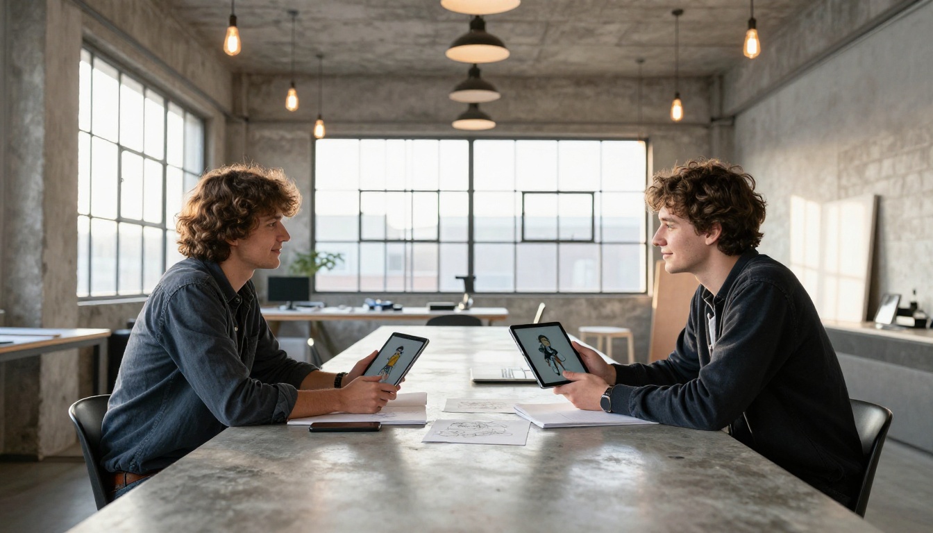 Two creative professionals comparing anime character artwork on tablets at a long studio table in an industrial loft space