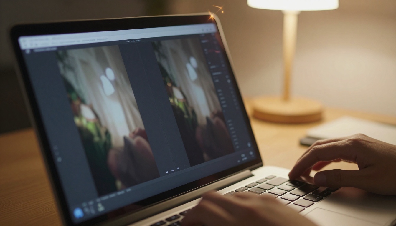 Laptop screen showing side-by-side image quality comparison with pixelated version on left and sharp AI-upscaled version on right