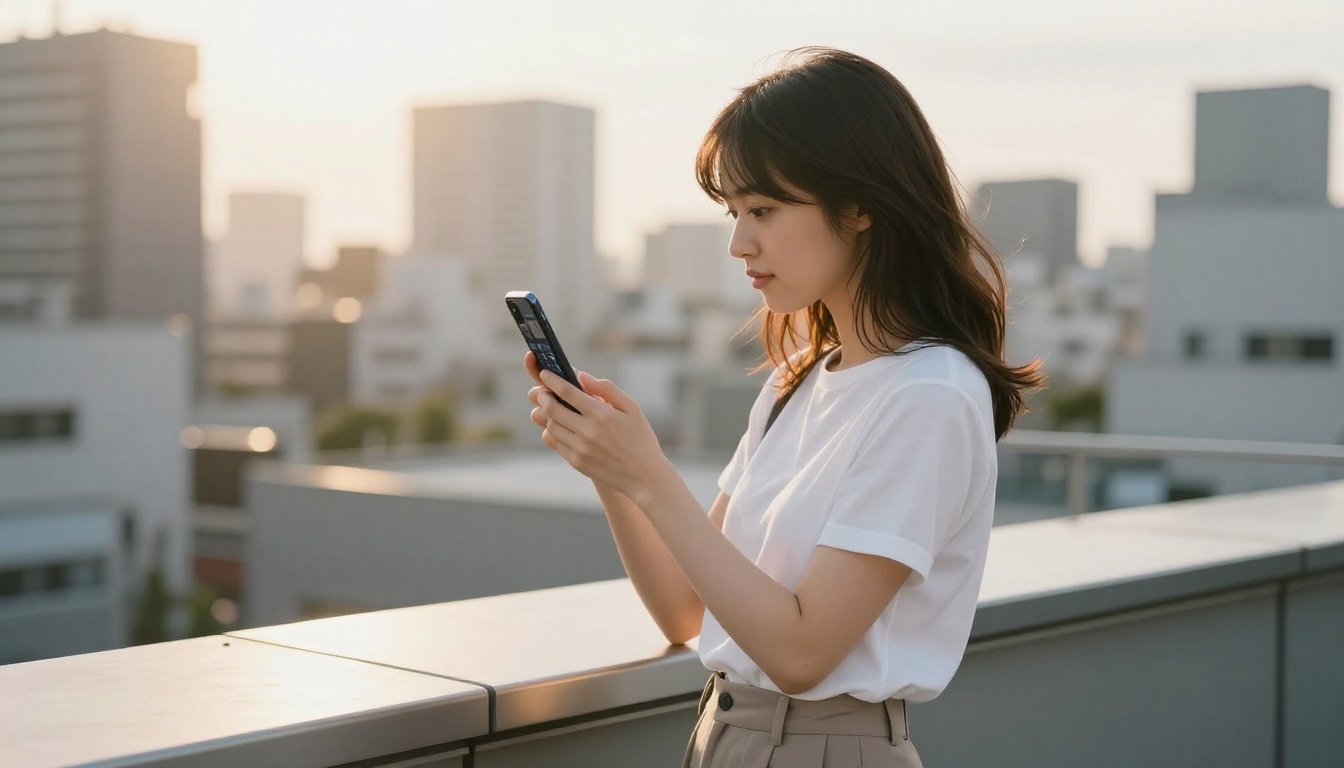 Young woman on a sunlit urban rooftop terrace holding smartphone to access AI image generation platform, city buildings in soft background