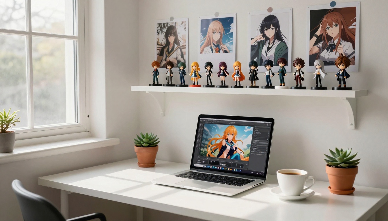 Anime artist workspace with rows of figurines on wall shelf, framed artwork, laptop on white desk flooded with morning natural light