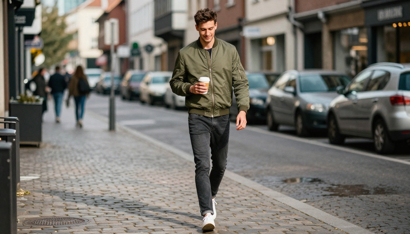 Candid street photography style portrait of a man with coffee