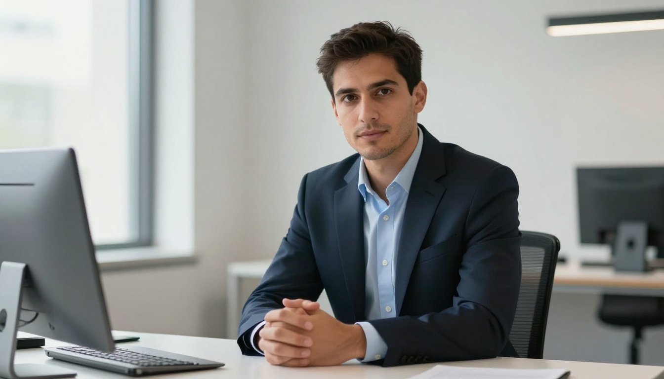 Professional business portrait of a confident man at a modern desk