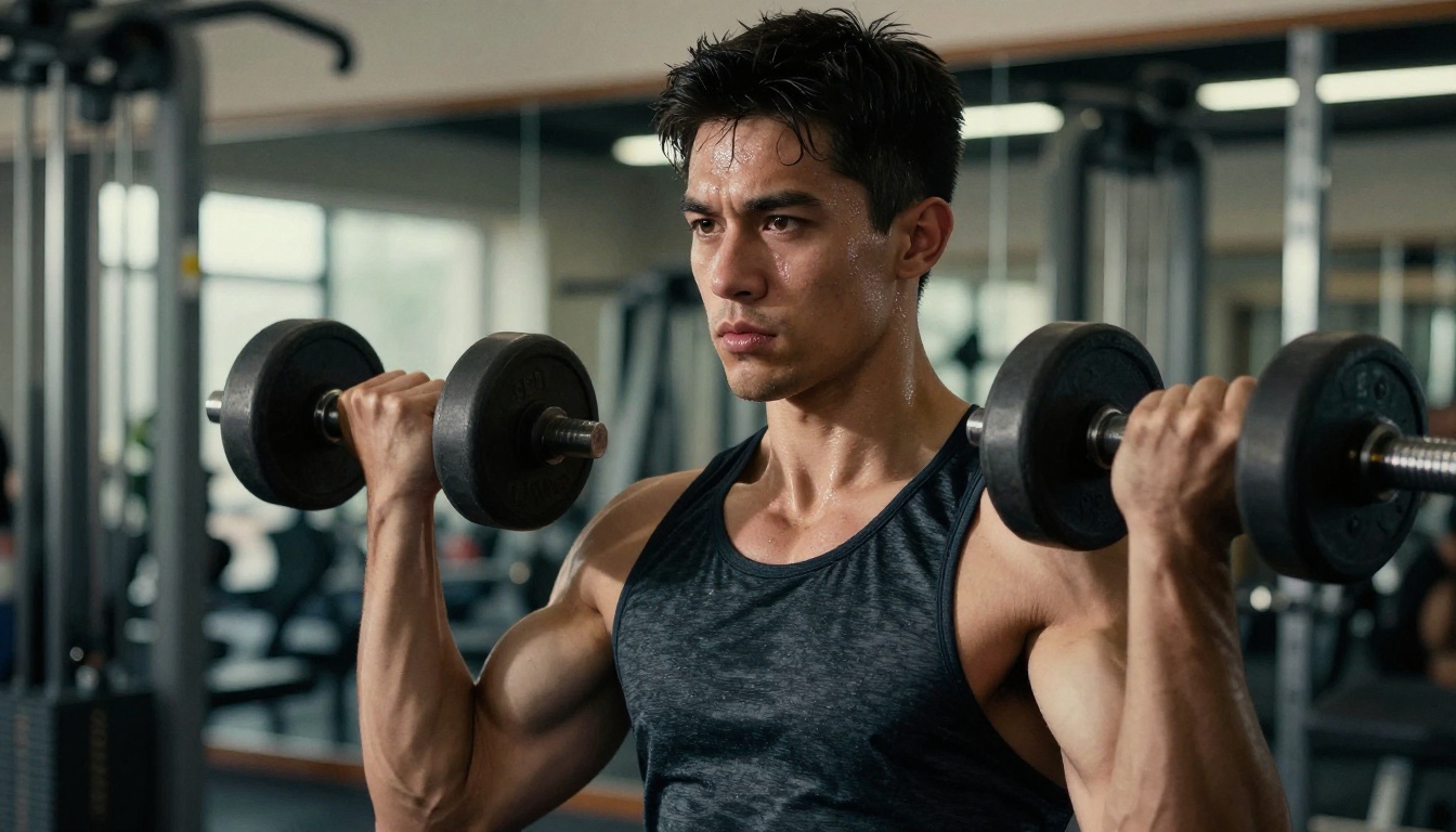 Athletic man at the gym, focused and mid-workout