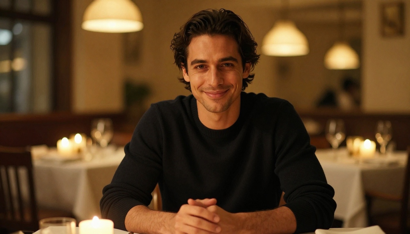 Man at a candlelit restaurant, warm and intimate atmosphere