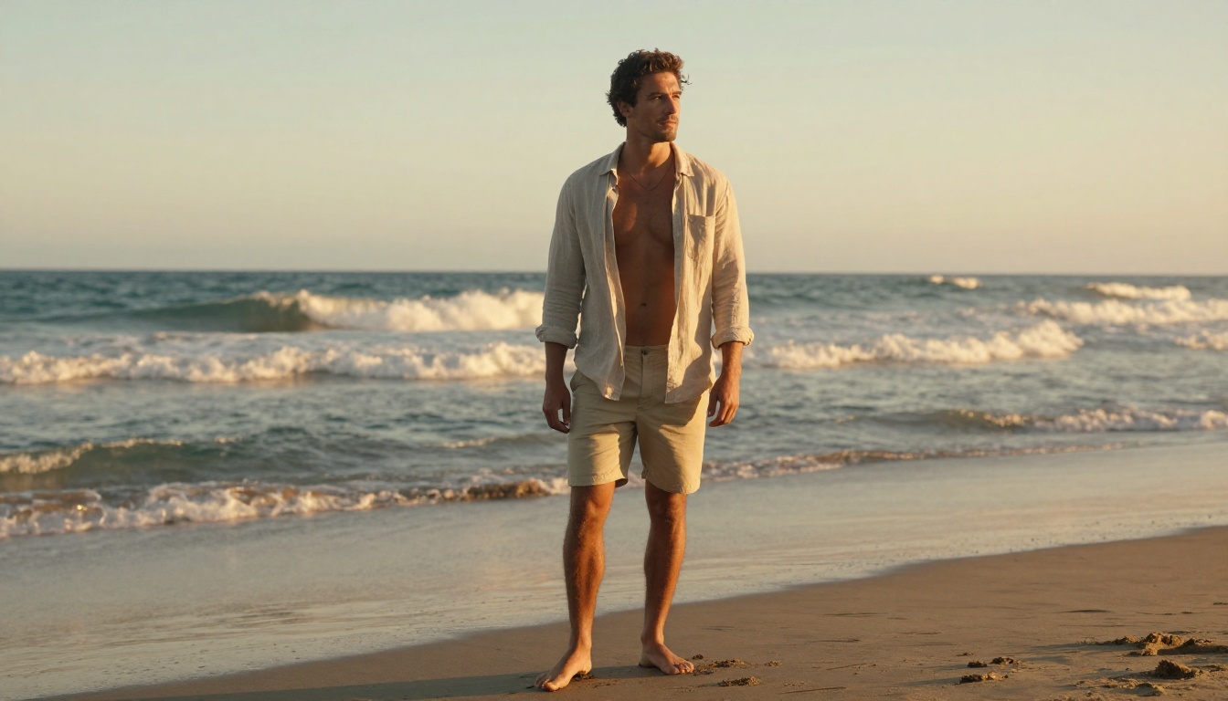 Man on a beach at golden hour, contemplative and relaxed