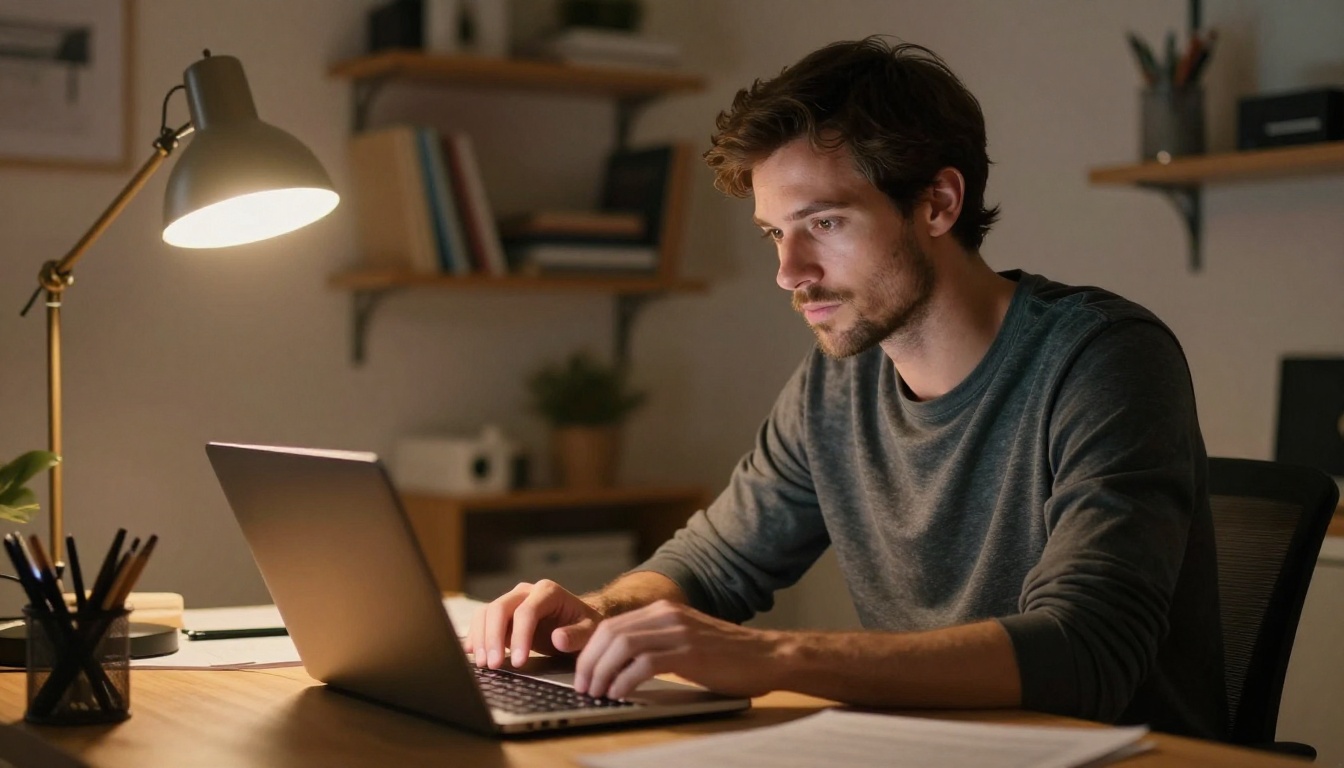 Man working at a creative studio desk, soft laptop light