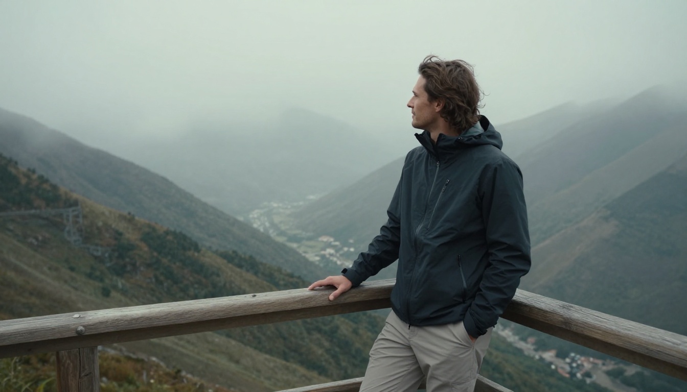 Man standing at a mountain viewpoint, misty valley below