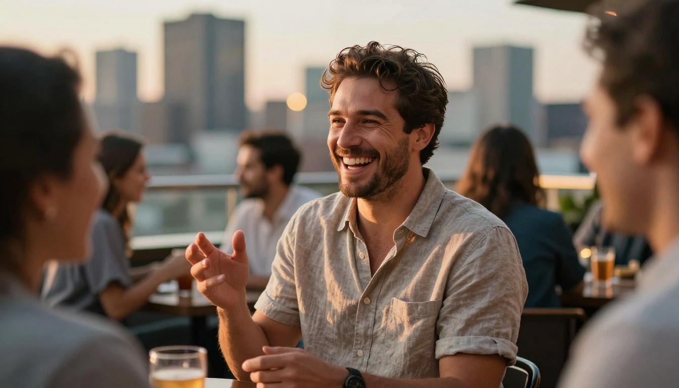 Man laughing at a rooftop bar, city skyline at golden hour