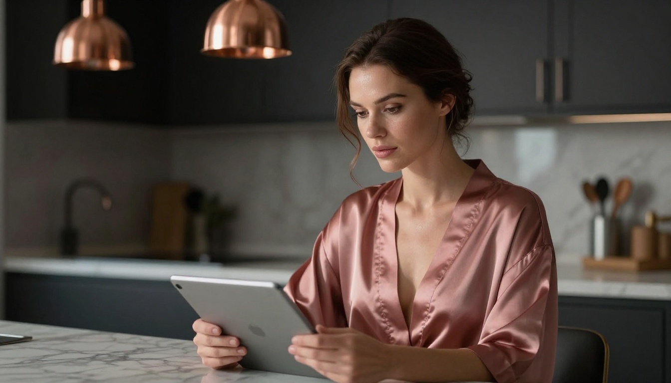Woman in silk robe with warm copper pendant lighting in a luxury kitchen