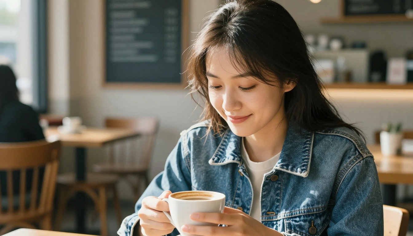 Natural candid portrait of a woman in a cafe with authentic lighting