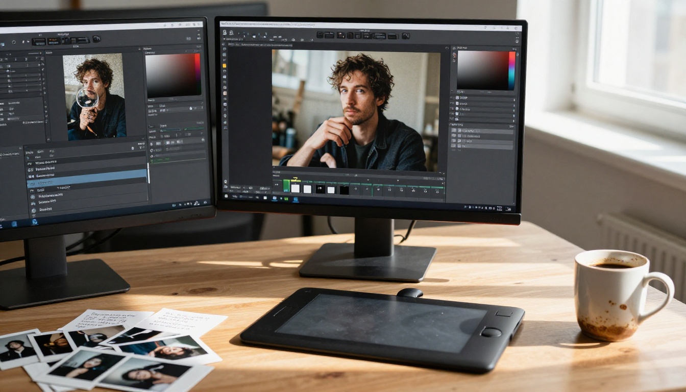 Graphic tablet and editing software showing grain layer and photo adjustments