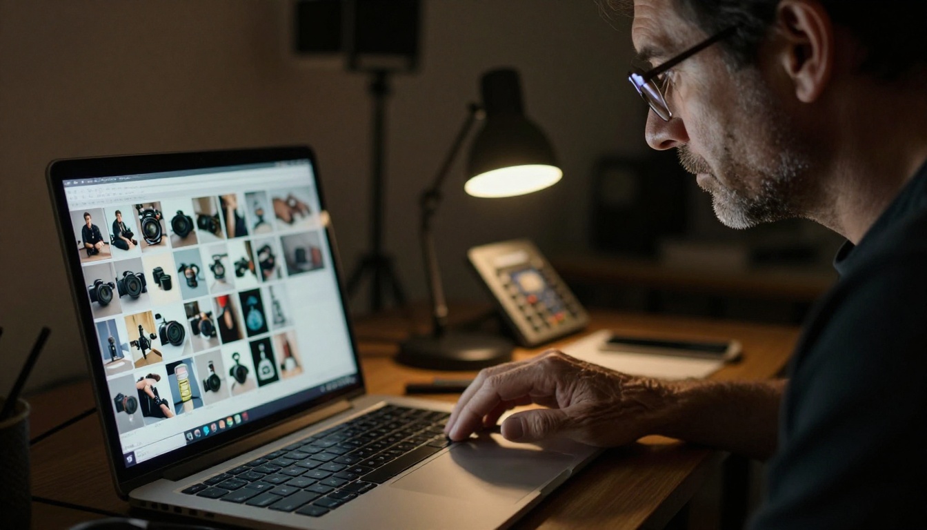 Photographer reviewing images on a laptop in a studio environment