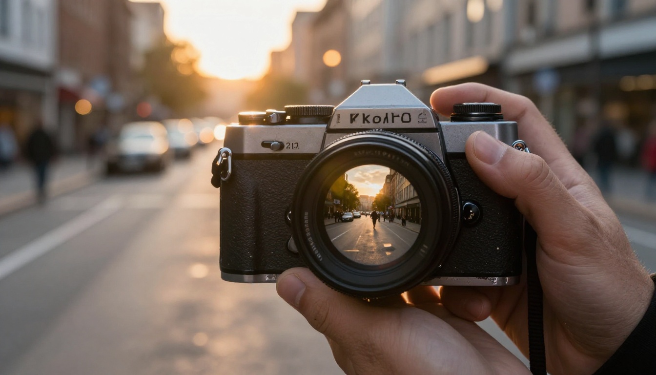 Film camera held on an urban street with golden hour lighting and lens flare