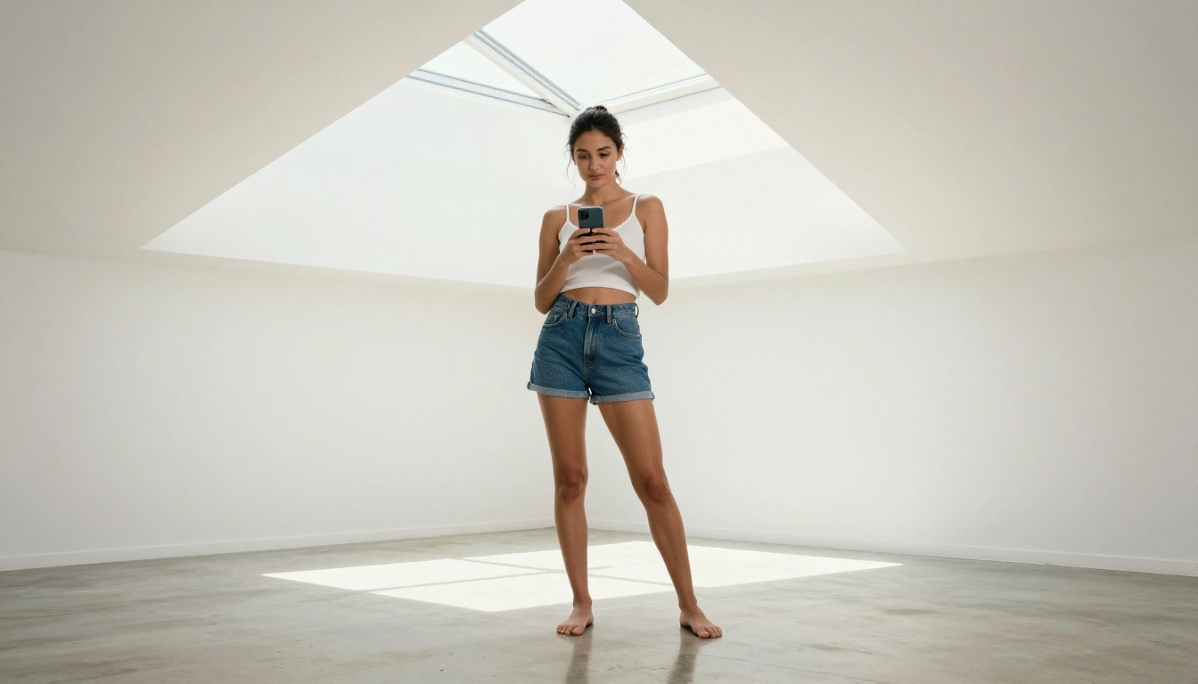 Woman with smartphone in bright studio, authentic platform use